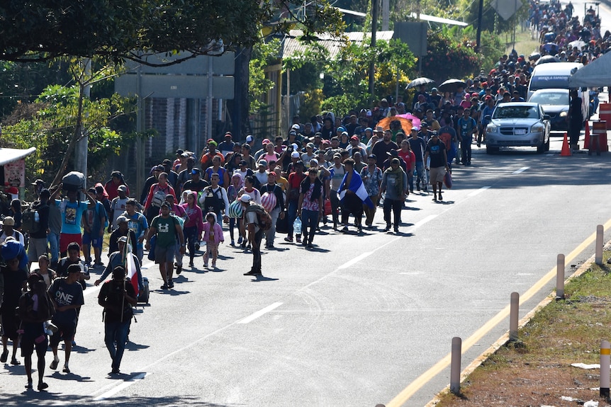 A large crowd of people carrying luggage walk along a road in the daytime.