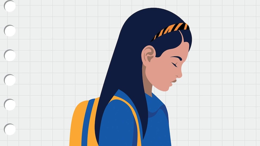 Drawing of a young Chinese-Australian schoolgirl in a blue jacket with a yellow bag on perforated grid paper.