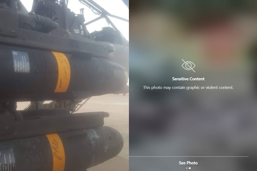 A graphic of two images - one of rockets on an aircraft and a sensitive content warning on Instagram