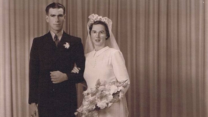 Black and white photo of couple on wedding day