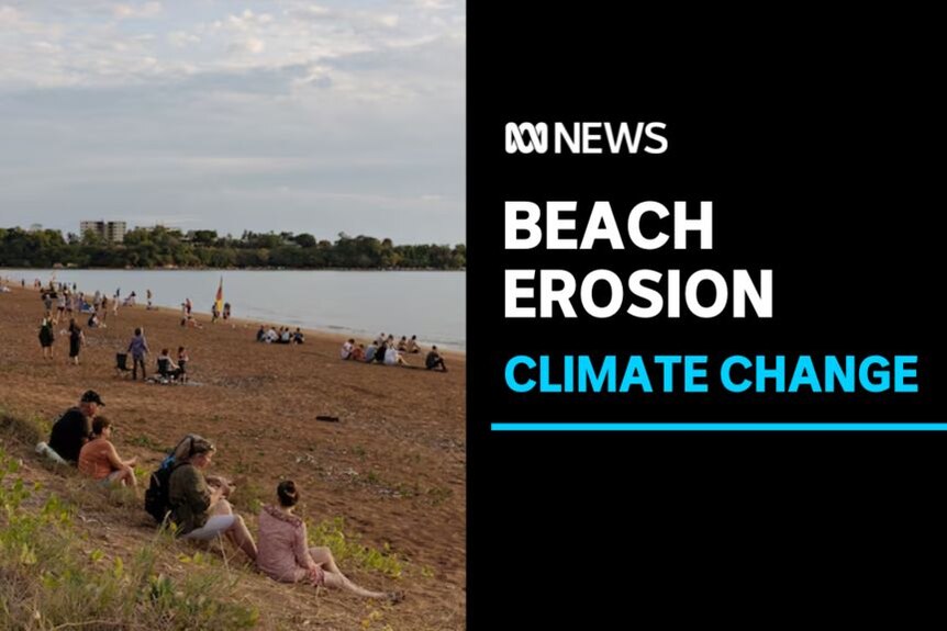 Beach Erosion, Climate Change: People sit on grass next to a body of water.