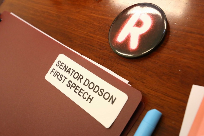 A folder labelled "Senator Dodson first speech".