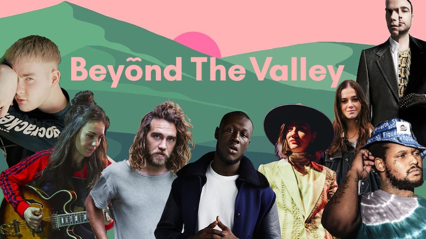 A collage of the Beyond The Valley 2017 line-up ft. Mura Masa, Amy Shark, Matt Corby, Stormzy, Meg Mac, Ruby Fields, Schoolboy Q