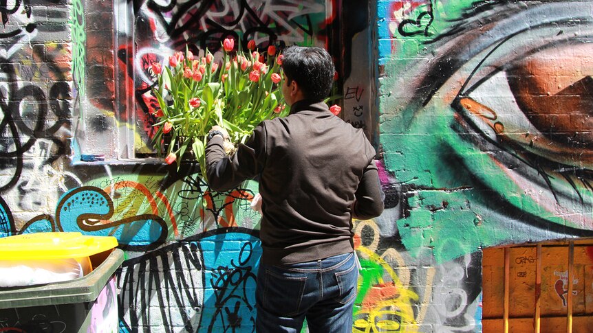 A man collects his tulips on a window ledge in Melbourne's heavily graffitied Hosier Lane.
