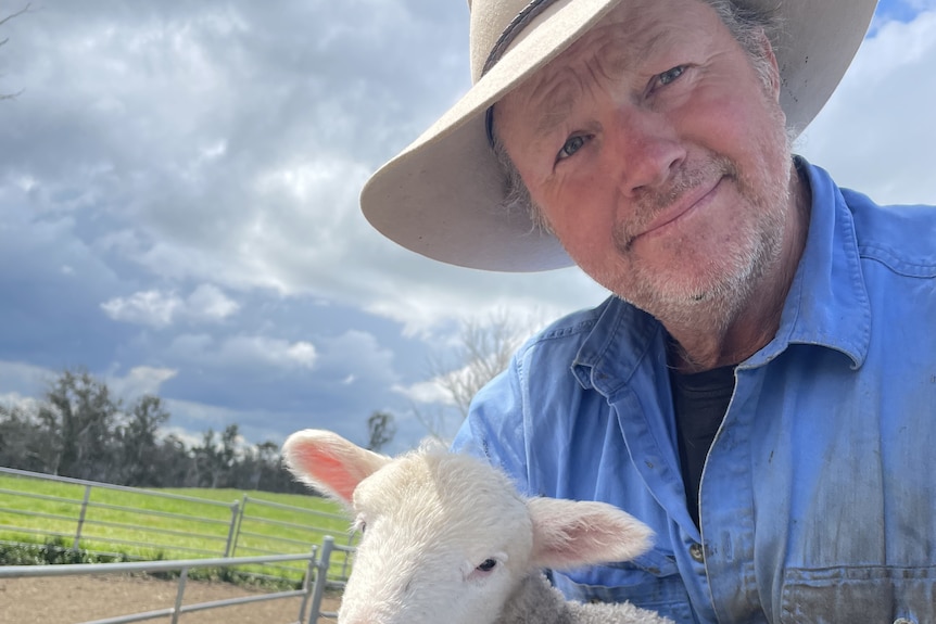 Farmer in a blue short holding a white lamb 