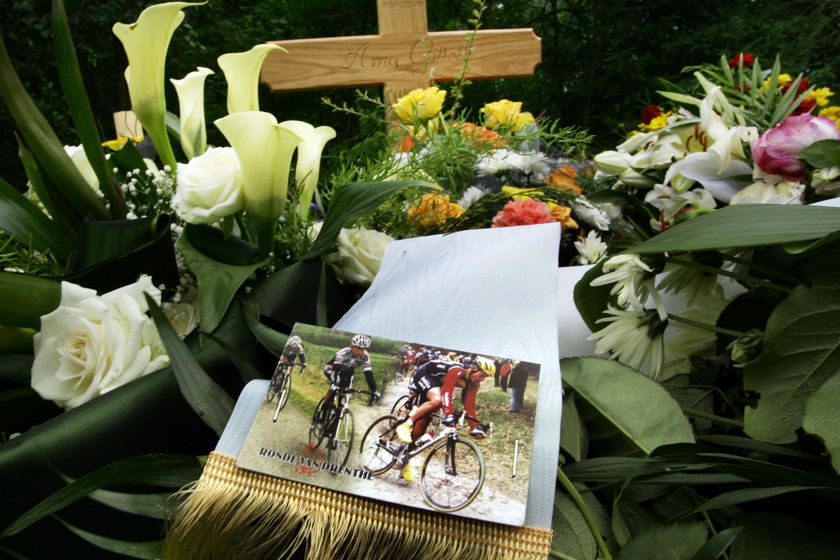 A memorial for Australian cyclist Amy Gillett is adorned with flowers