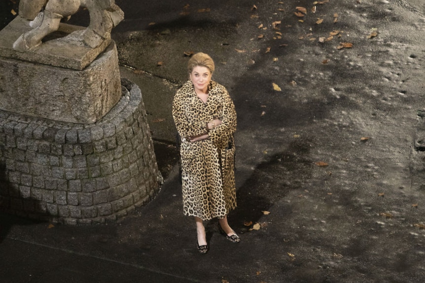 Overhead shot of Catherine Deneuve in a leopard-print coat standing beside a statue of a horseman in an autumnal park