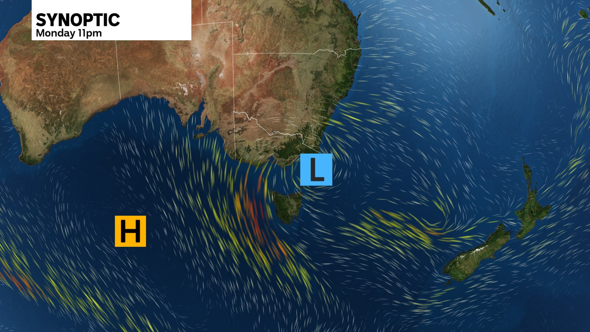 a weather map of the southern parts of australia showing A cold southerly squeezed north between a Tasman low and high near WA