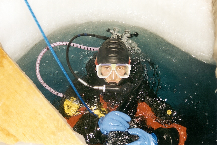 Dr Webster scuba diving inside an ice hole in Antarctica.