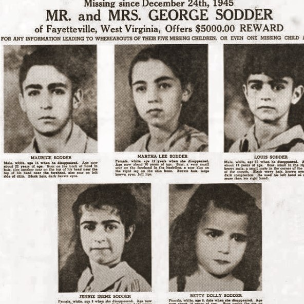 A missing person sign displaying the black and white pictures of the five Sodder children.