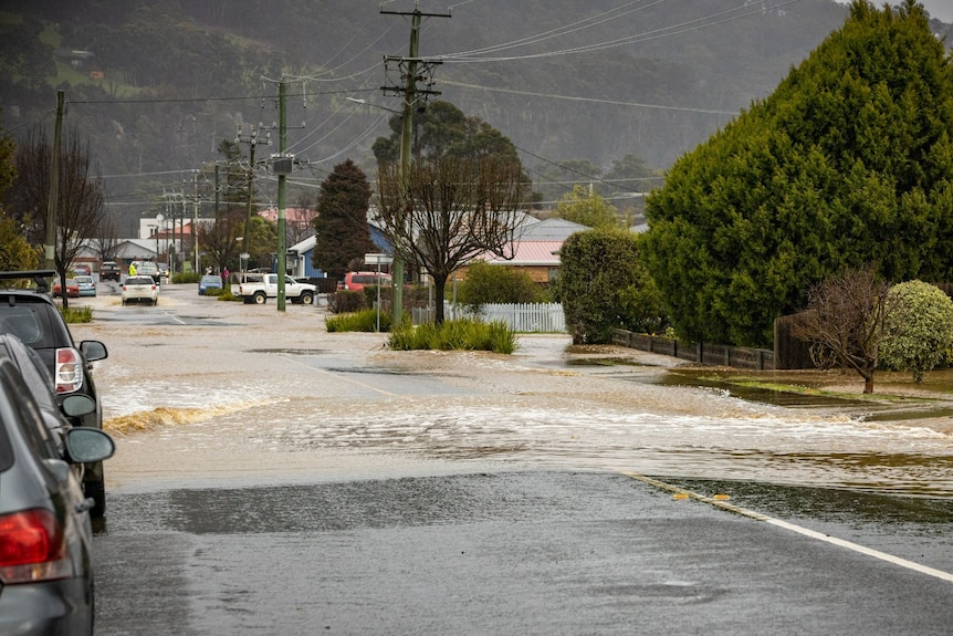 Flooded street in Huonville.