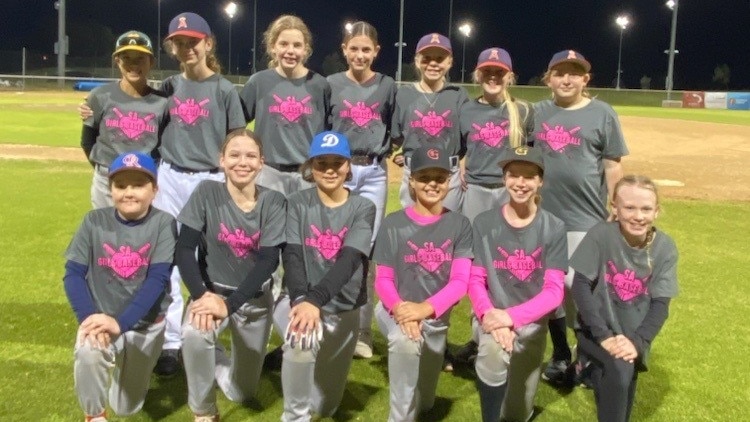 thirteen girls in grey shirts with pink logo, seven in back row and six in front on one knee