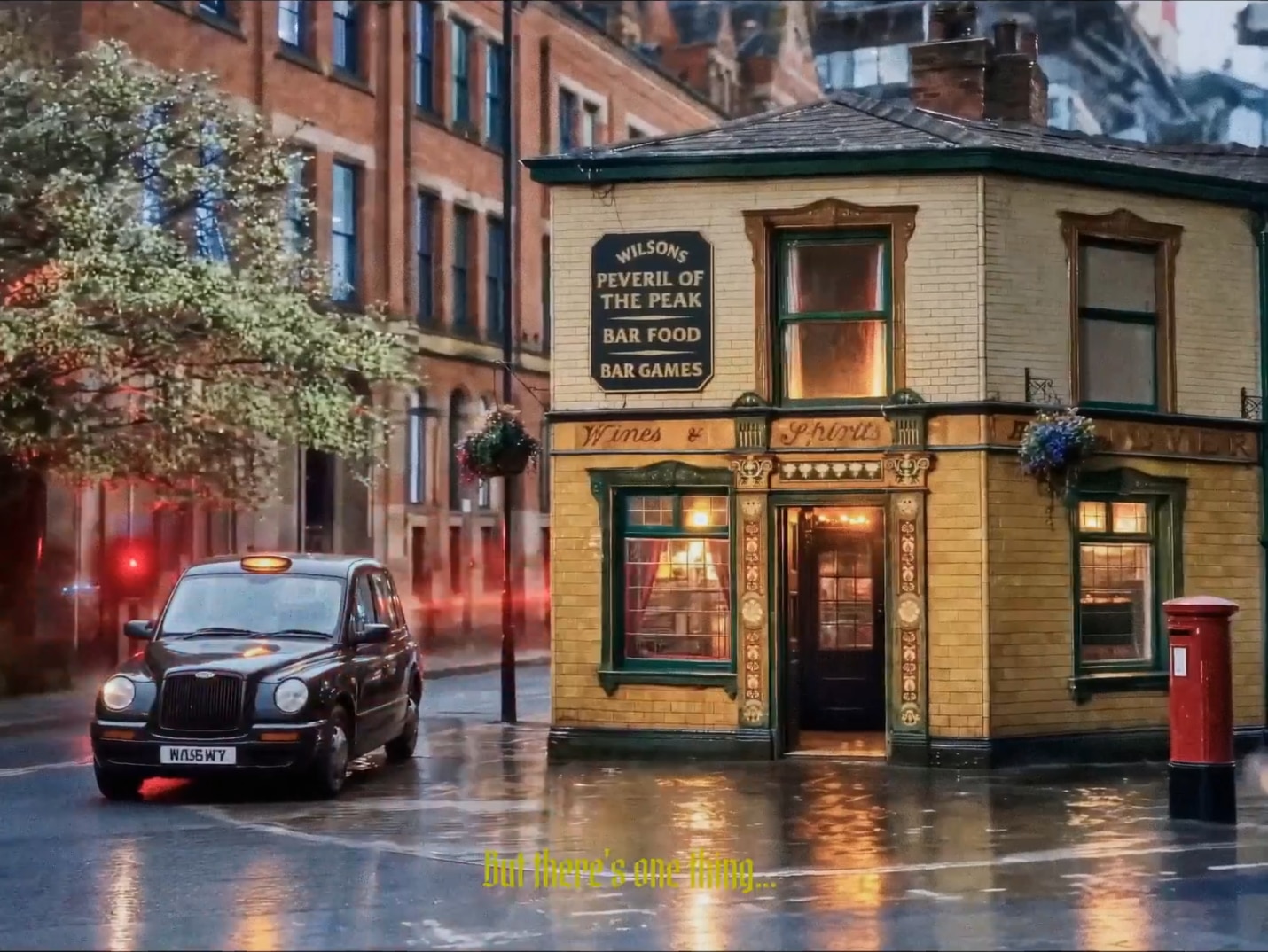 An AI rendering of a pub and a taxi in a Manchester Super Giants video.