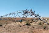 Twisted metal of a broken power transmission tower