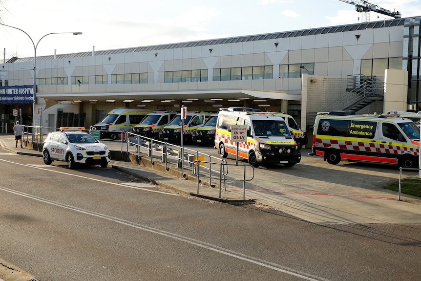 A row of ambulances parked outside John Hunter Hospital in Newcastle