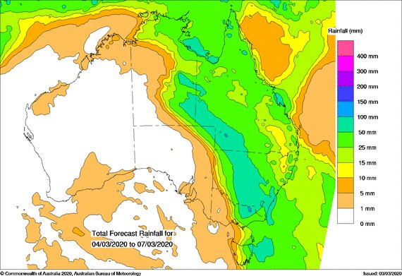 Green, more than 25mm for most of eastern Aus.