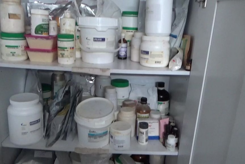 Shelves of pharmaceutical chemicals.