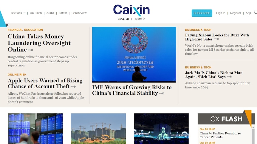 A screenshot of the homepage of the Caixin Global news website.