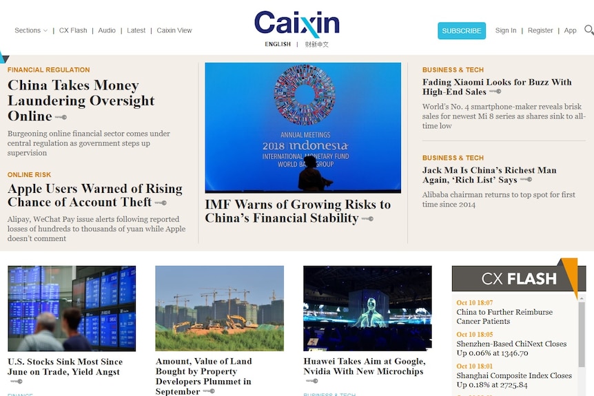 A screenshot of the homepage of the Caixin Global news website.