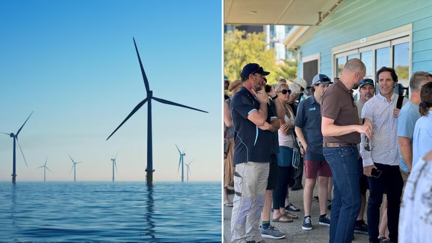 On the left, an image of a wind turbine. On the right, an image of people queuing.