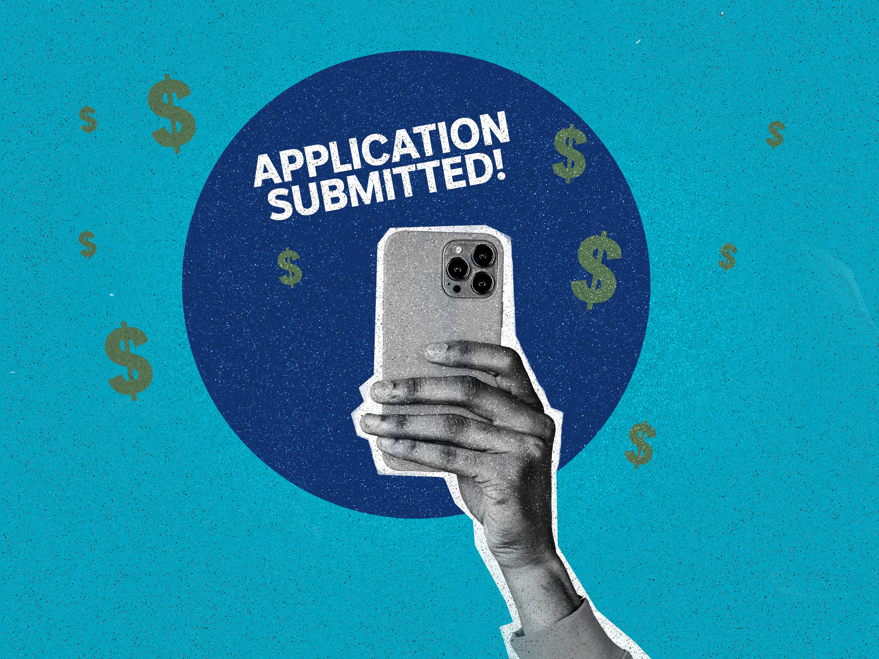 A gfx shows a hand holding a phone submitting job applications.