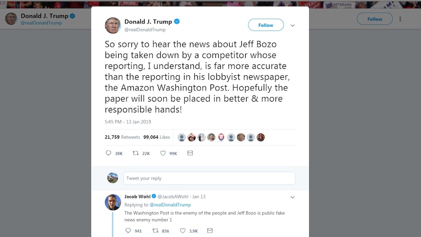 A screenshot of a Donald Trump tweet about Jeff Bezos with a reply from Jacob Wohl.