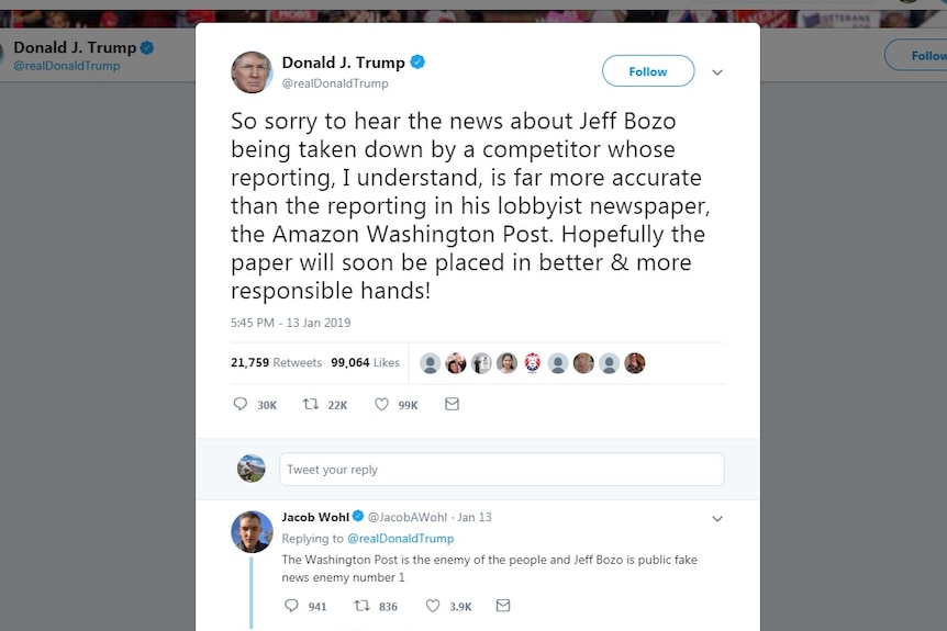 A screenshot of a Donald Trump tweet about Jeff Bezos with a reply from Jacob Wohl.