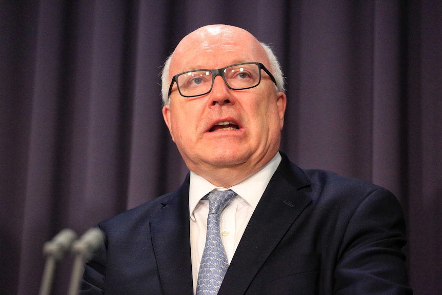 George Brandis speaks to reporters in Canberra