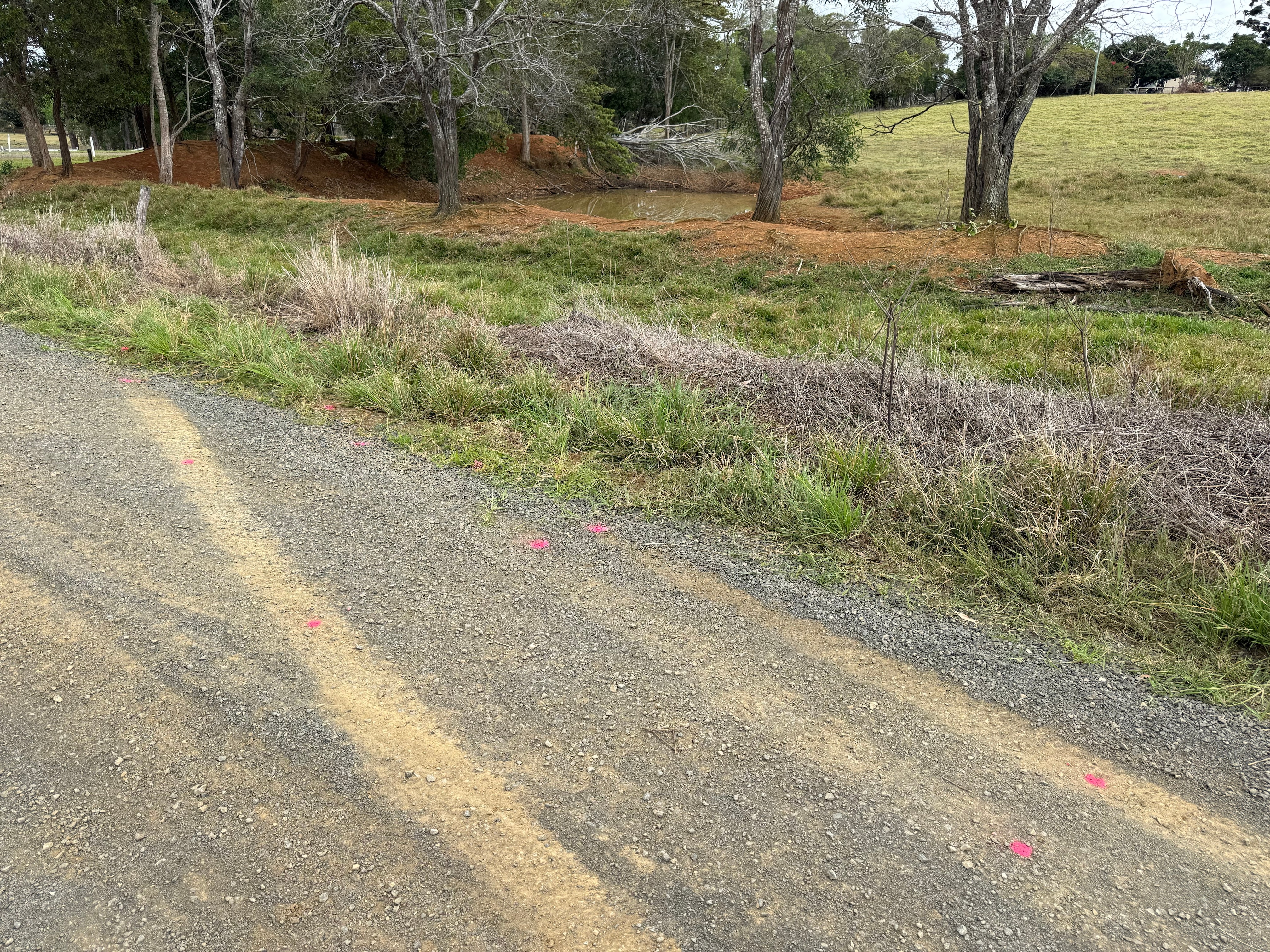 Tyre tracks on a gravel road with pink police markings on them.