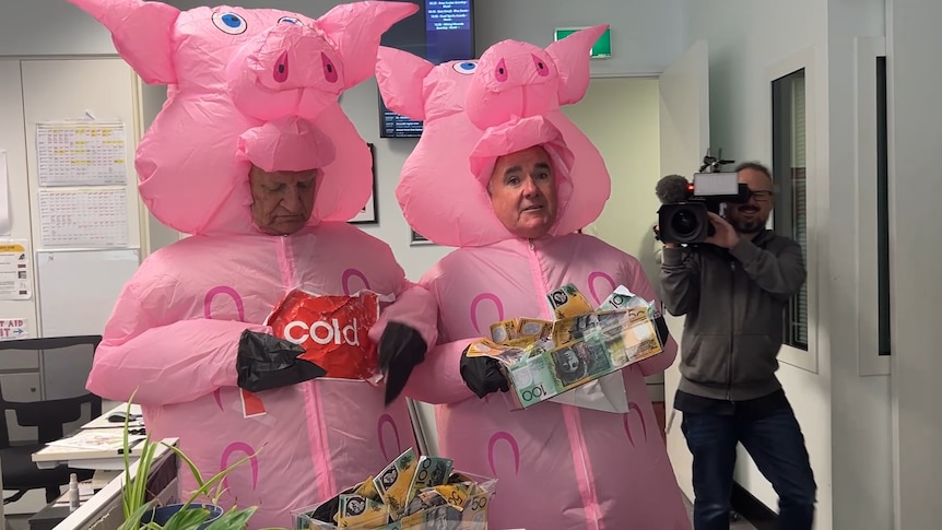 Two men in inflatable pig suits indoors, holding troughs of fake money