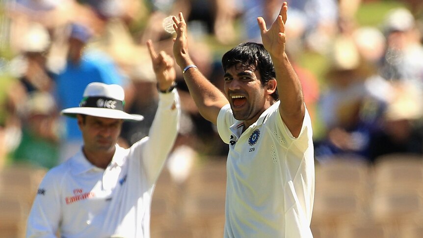 Zaheer Khan celebrates after taking David Warner's wicket on day one of the fourth Test at Adelaide Oval on January 24, 2012.