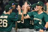 Australian baseballers celebrate with each other after a win