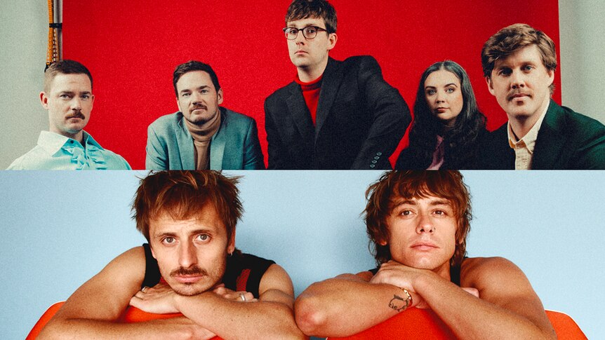 Split image of Ball Park Music and Lime Cordiale, one band is seated on chairs and the other leaning on the back of a sofa.