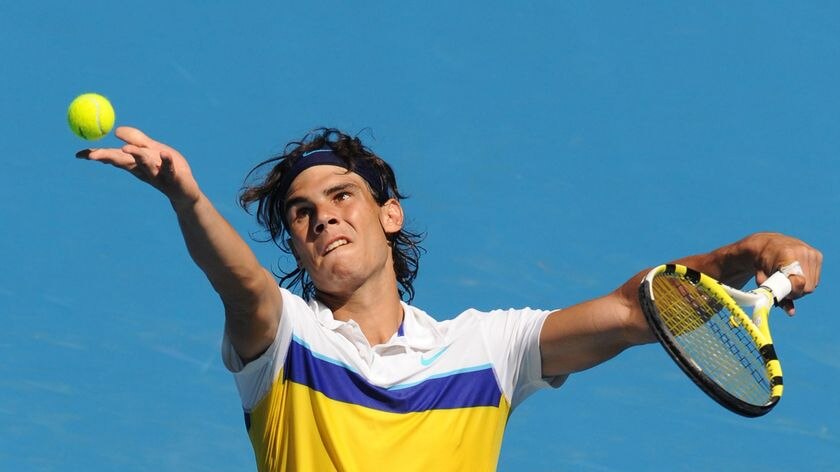 Rafa Nadal prepares to serve in practice for the Australian Open on January 18, 2009.