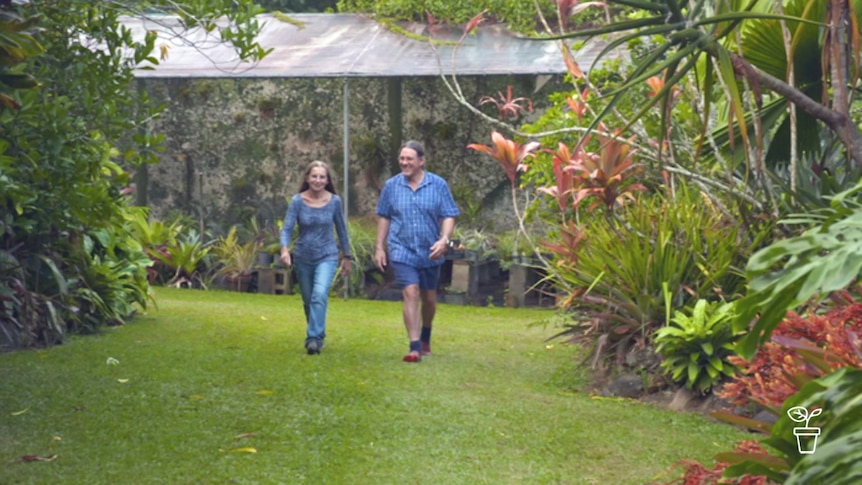 Man and woman walking through lush tropical garden