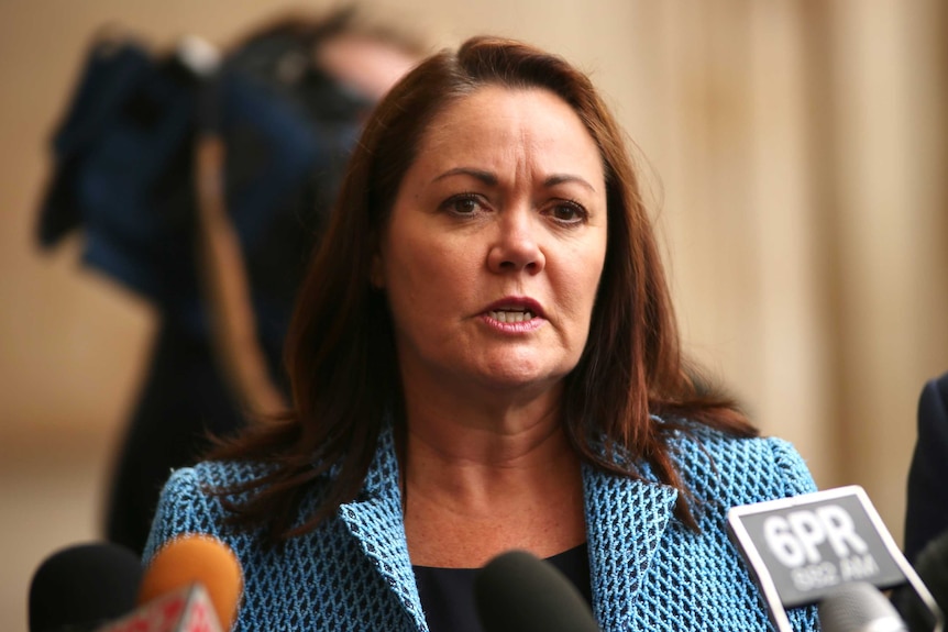 Liza Harvey addresses a media conference outside Parliament in WA.