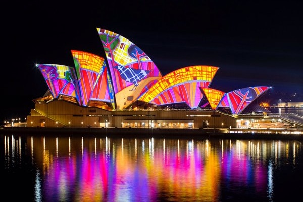 The Sydney Opera House illuminated by an Indigenous art pattern during Vivid.