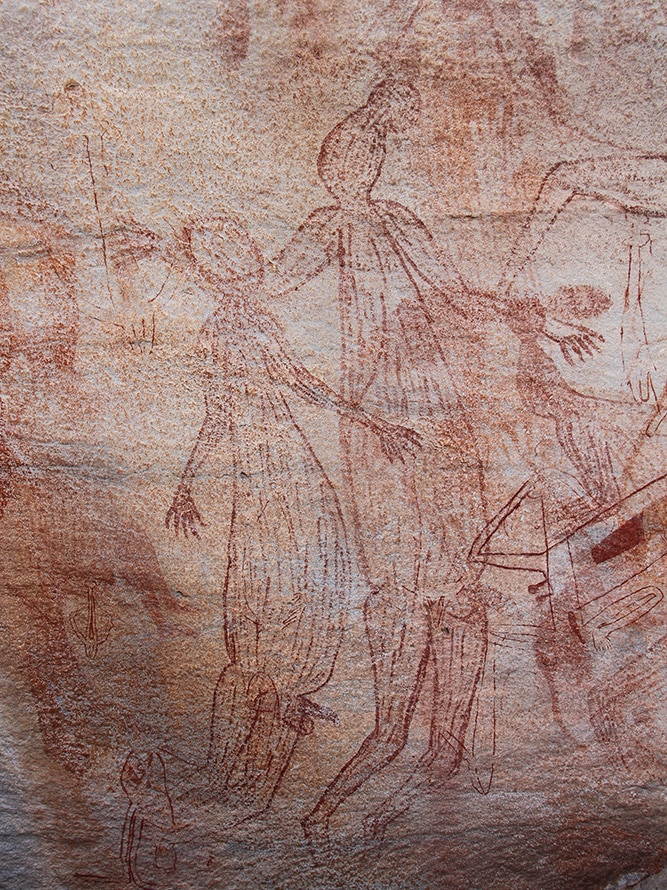 Rock painting in Maliwawa style showing groups of people