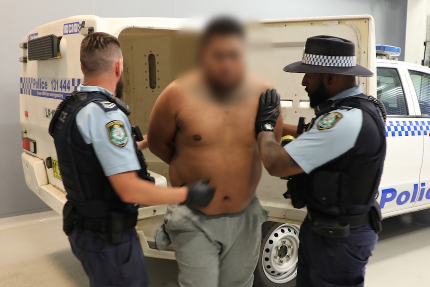 Two police officers lead topless man out of a police van