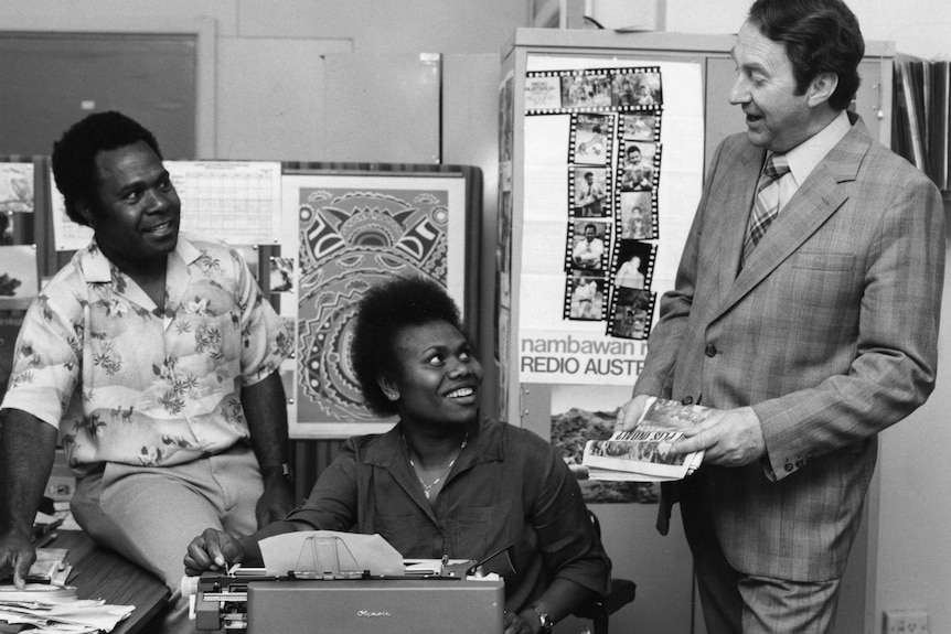 Members of Radio Australia's PNG language service, including journalist Caroline Tiriman and Geoff Ward.