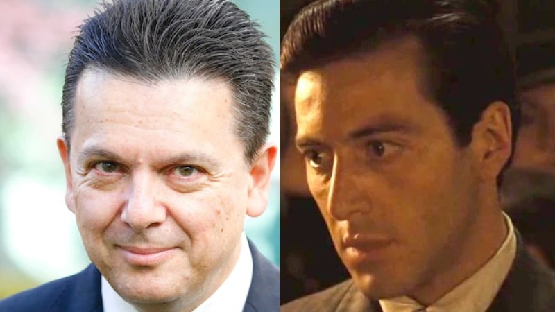 Composite image of former SA senator Nick Xenophon and actor Al Pacino in his role in The Godfather.