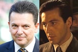 Composite image of former SA senator Nick Xenophon and actor Al Pacino in his role in The Godfather.