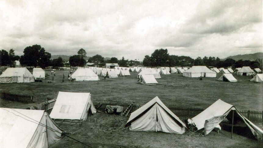 A black and white photo of tents in a paddock.