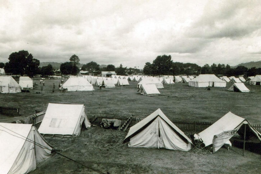 A black and white photo of tents in a paddock.