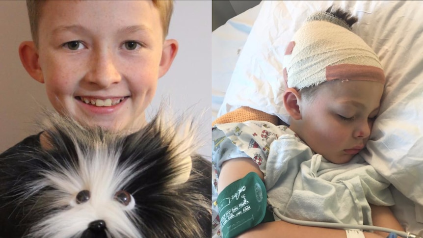 Campbell Remess (left) holds the teddy bear he made for Jak (right) who lies bandaged up in a hospital bed.
