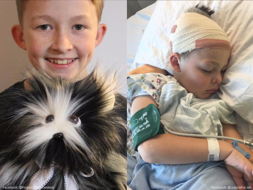 Campbell Remess (left) holds the teddy bear he made for Jak (right) who lies bandaged up in a hospital bed.