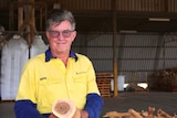 A man wearing fluorescent shirt holds a log of wood in a shed.