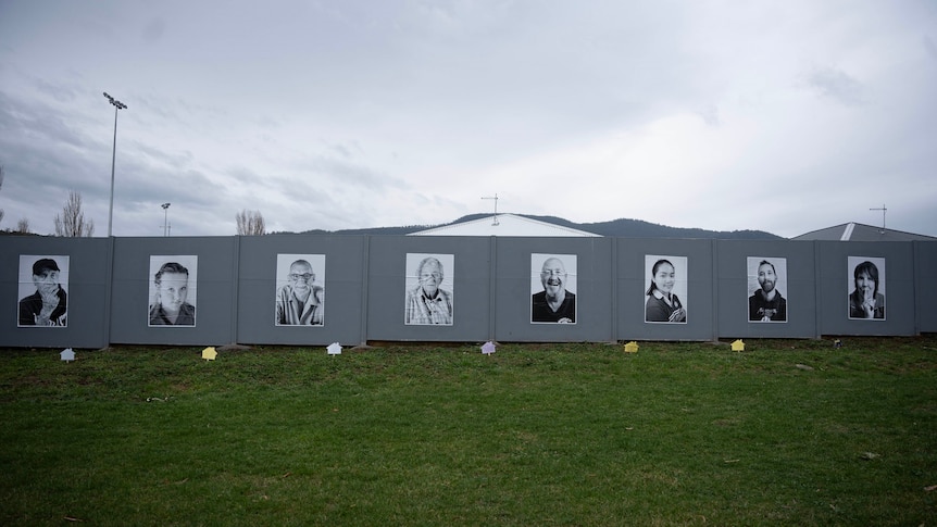 Photo portraits on a roadside wall in Tasmania.