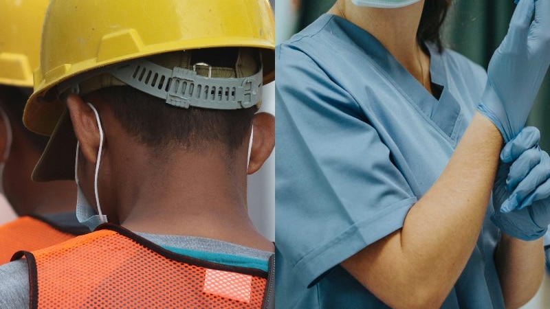 a composite image of two tradies and one nurse