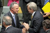Dr Brendan Nelson (left) is congratulated by Prime Minister Kevin Rudd after his farewell speech